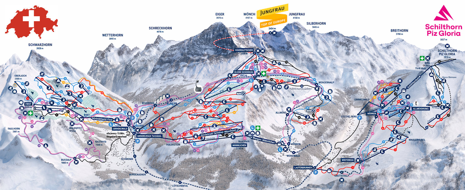 Jungfrau ski region trail map showing Mürren, Wengen, Grindelwald, Kleine Scheidegg and Schilthorn Piz Gloria in Switzerland