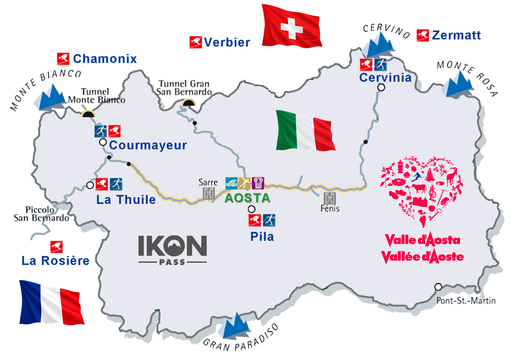 Aosta, Italy 3-country ski itinerary map featuring Pila, Courmayeur, Cervinia, La Thuile, Zermatt, Verbier, Chamonix and La Rosière