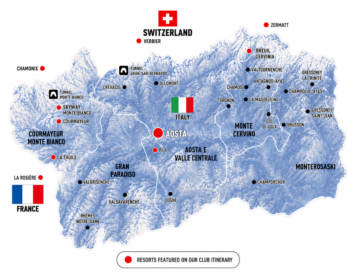 Aosta Ski/Ride Agenda map showing resorts featured on our club itinerary including Aosta, Pila, Courmayeur, Cervinia, La Thuile, Zermatt, Verbier, Chamonix and La Rosière