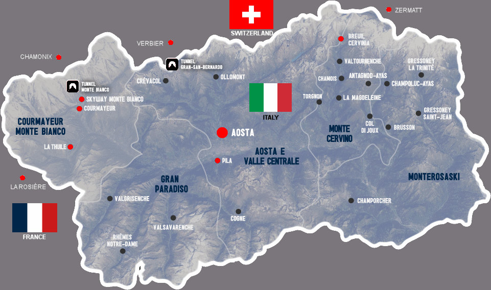 Aosta Ski/Ride Agenda map showing resorts featured on our club itinerary