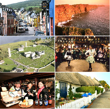 Ireland tour collage with sightseeing, hotels, music, pubs and scenic highlights