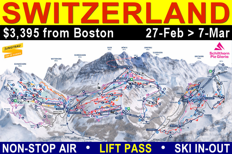 Switzerland, Murren: 27-Feb to 7-Mar, 2027
Ski/Ride Eiger, Mönch, and Jungfrau Switzerland!