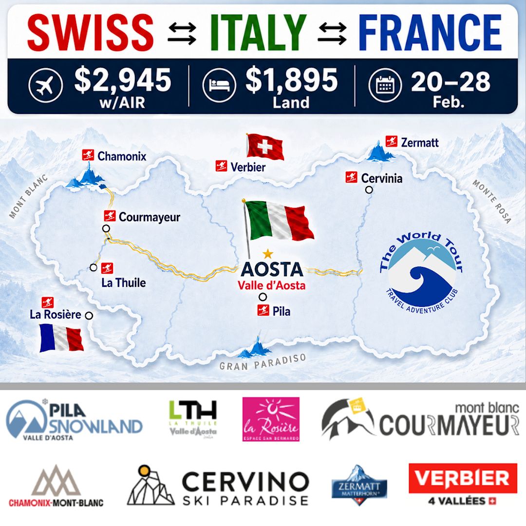 Aosta, Italy based 3-country Alps tour! Snow sports & sightseeing in Italy, France & Switzerland with Pila, Courmayeur, Cervinia, La Thuile, Chamonix, Zermatt and more.
Boston/JFK SWISS flights, 4☆ hotel, and more. On IKON or local lift passes. February 20-28, 2027
